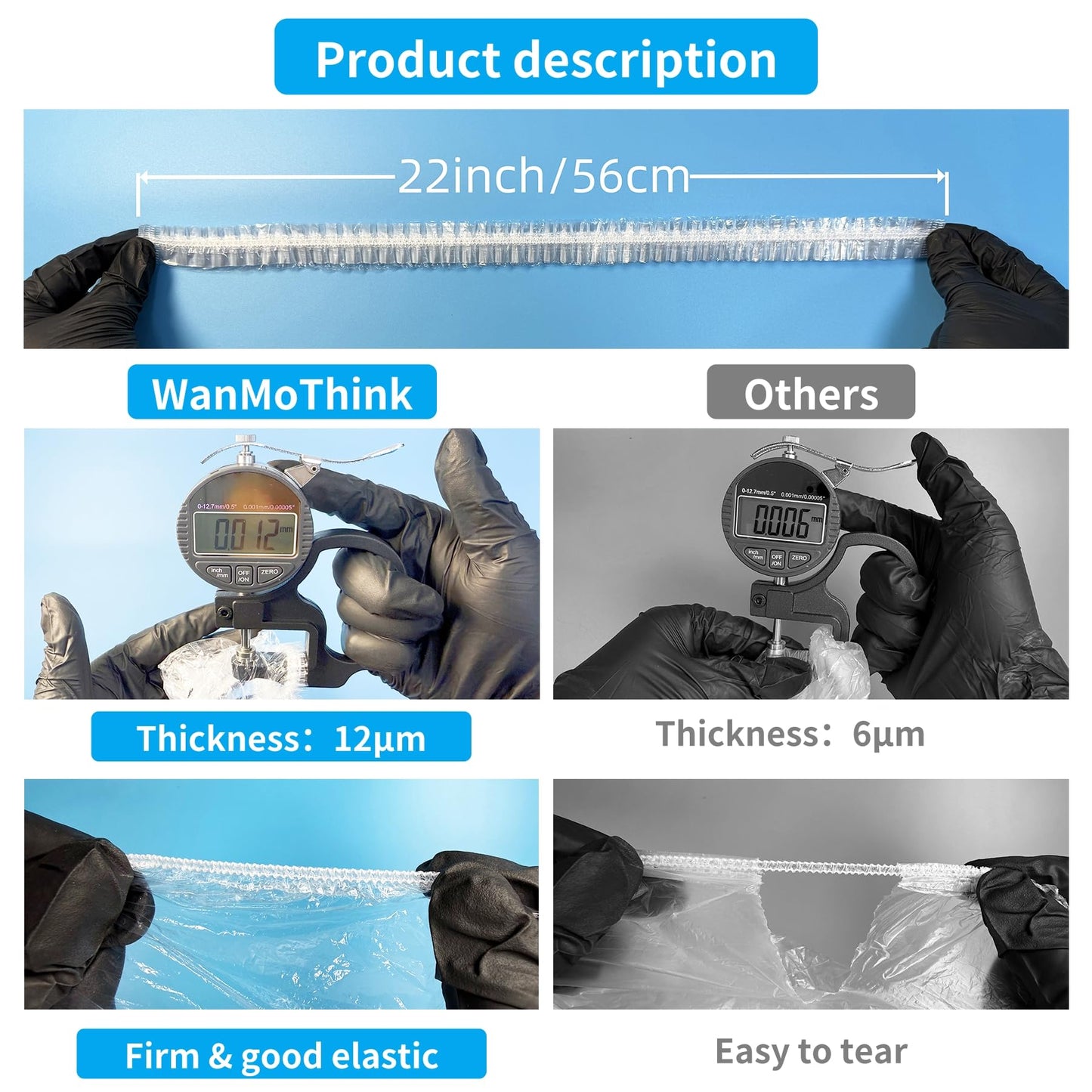 WanMoThink 100 Pcs Disposable Shower Caps Extra Large 22 Inch, Thick Clear Plastic Waterproof Hair Caps for Women and Men, Long Hair Deep Conditioning Caps with Roll-Top Stand-Up Storage Bag