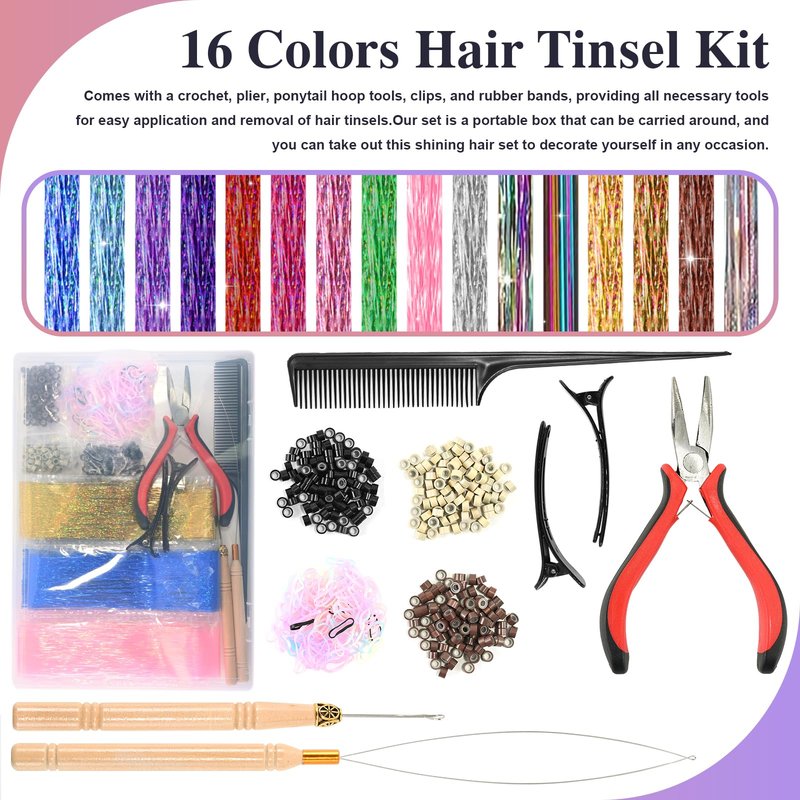 Leuceiy 16 Colors Hair Tinsel Kit, 36 Inch Hair Extensions With Tool, 4800 Strands Sparkling Dazzle Glitter Shiny Fairy Hair Heat Resistant for Girls Women Christmas New Year Festival Party
