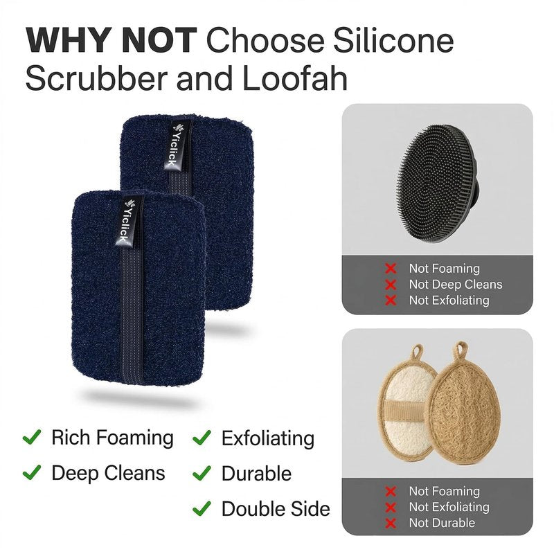 Yiclick Exfoliating Body Scrubber (2 Pack), Body Exfoliator Scrubber, Exfoliating Sponge for Shower Bath, Shower Loofah Luffa Lufa with Handle for Men Women, Dead Skin Exfoliator for Body Scrub