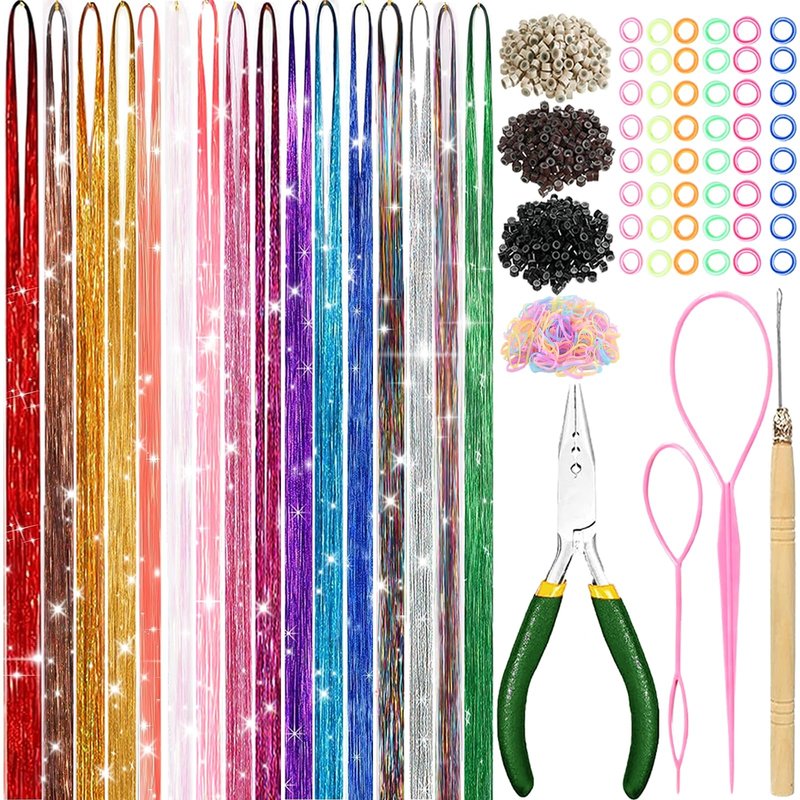 Hair Tinsel Kit With Tool - 4200 Strands, 12 Colors, Heat Resistant, Sparkling Shiny Highlights (48")