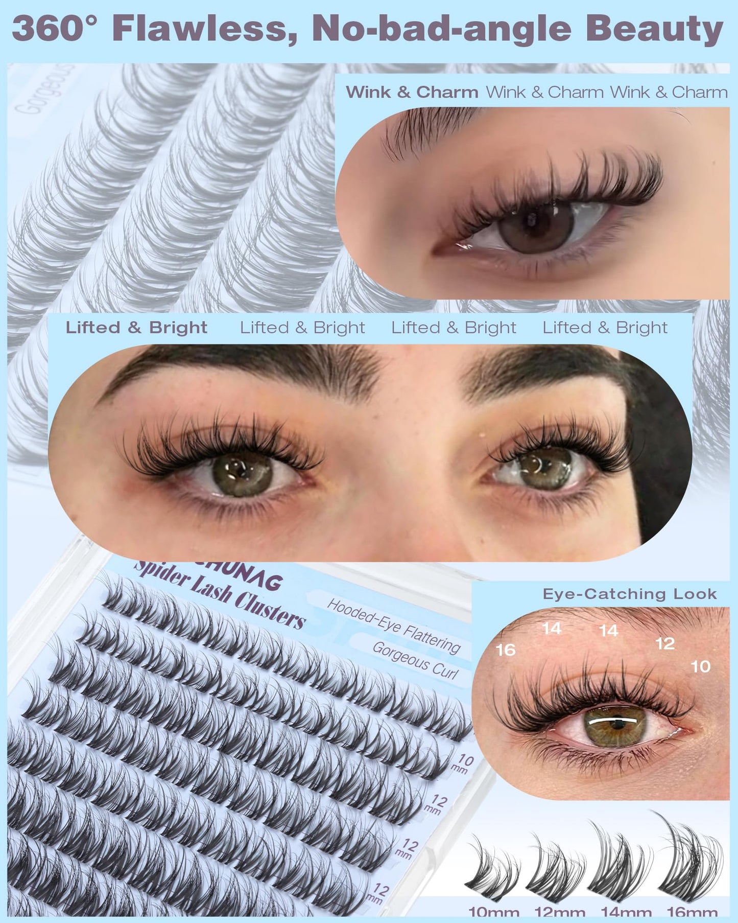 TOOCHUNAG Spider Lash Clusters Breeze Wispy Cluster Eyelash Extensions Fluffy Individual Lashes Clusters 10-16mm D Curly Volume Eyelash Clusters Natural Look with Invisible Band for DIY at Home
