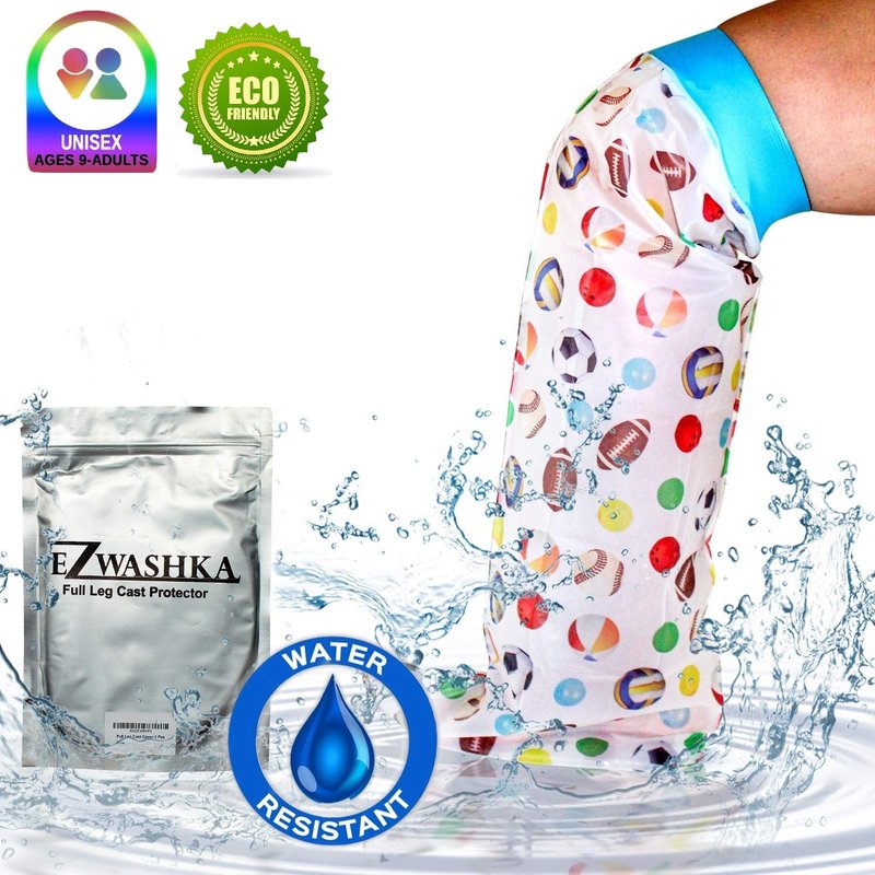 EZWashka Adults and Youth Cast Cover for Showering Foot –Waterproof Reusable Cast Protector for Adults and Youth with Sport Balls Design