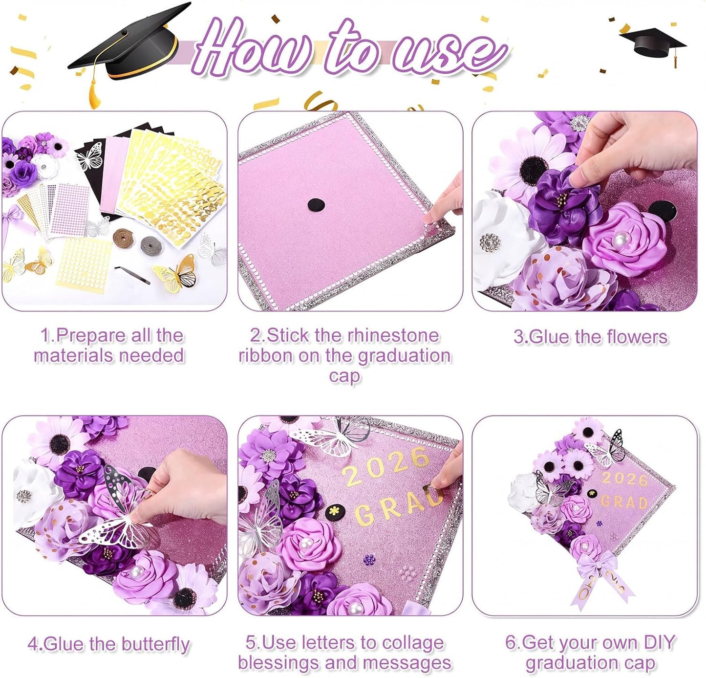 Wavwavw Graduation Cap Decoration Kit - 62 Pcs with Faux Flowers, 3D Butterflies & Rhinestones | Purple