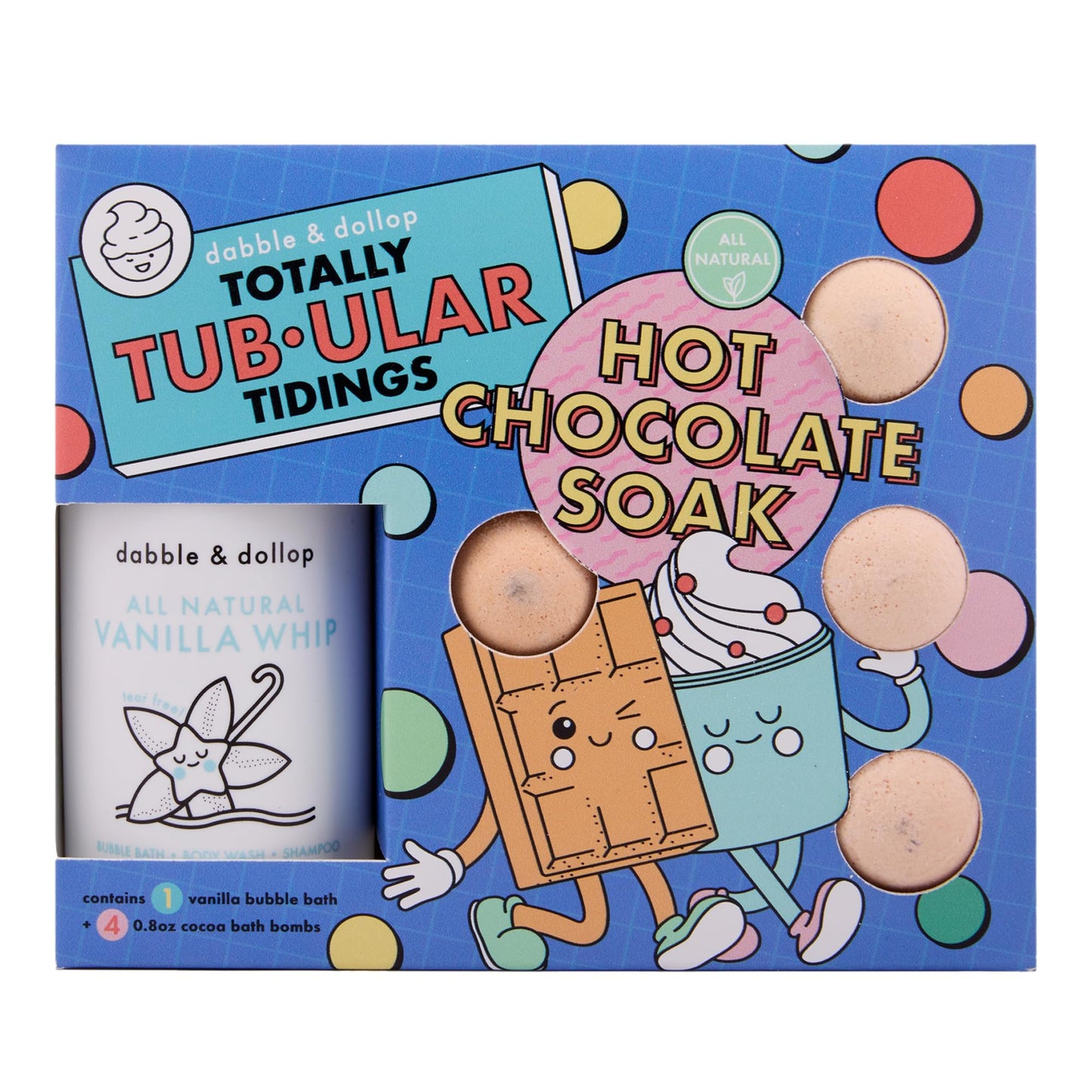 Dabble & Dollop Hot Chocolate Soak Kids Bath Bombs Gift Set with Bubble Bath – Cocoa Bath Bombs + Vanilla Whip 3-in-1 Shampoo, Body Wash & Bubble Bath – Gentle for Sensitive Skin (5-Piece Set)