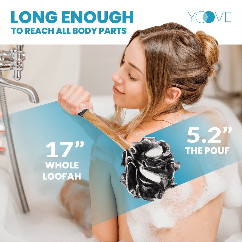 Loofah with Handle | Bamboo Charcoal Infused Loofah Back Scrubber for Shower | Exfoliating Back Loofah for Shower for Men & Women | Includes 1 Loofah on a Stick,1 Loofa Pouf and 1 Hook