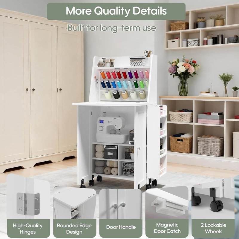 Foldable Sewing Cabinet with Power Outlet, Rolling Sewing Table with Storage and Lockable Wheels, Portable Folding Craft Table with Side Thread & Tool Storage for Quilting & Home Sewing (White)