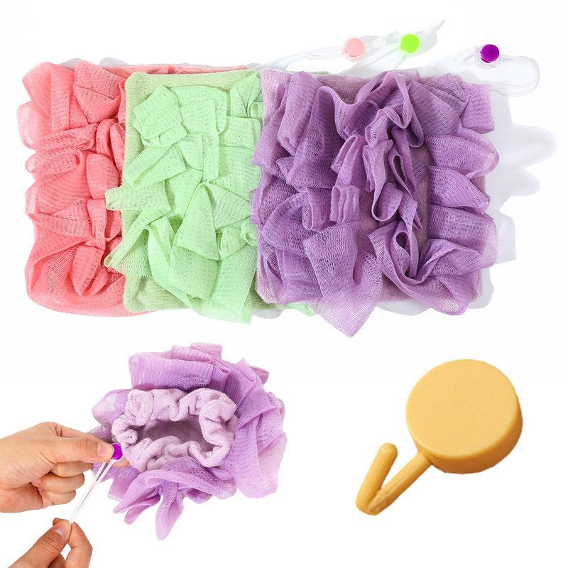 Hadnves 3 Pack Loofah Washcloth Combo 2-in-1 Wash Loofah Cloth for Bar Soap Pocket Reusable Drawstring Mesh Shower Sponge Ball for Body Wash & Smooth Skin (Purple Green Pink)