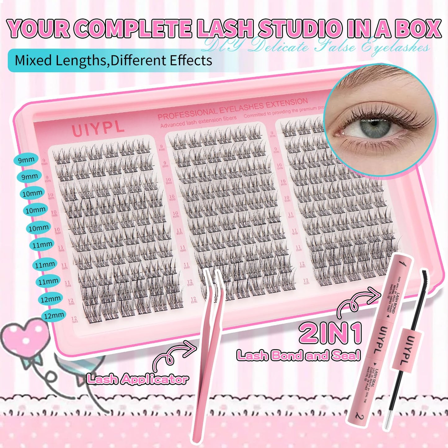UIYPL Lash Clusters Kit-Cluster Eyelash Extensions. Eyelash Extension Kit. Volume Lash Clusters. Pro Lash. False Eyelashes & Adhesivesc. (Fishtail kit 180pcs)