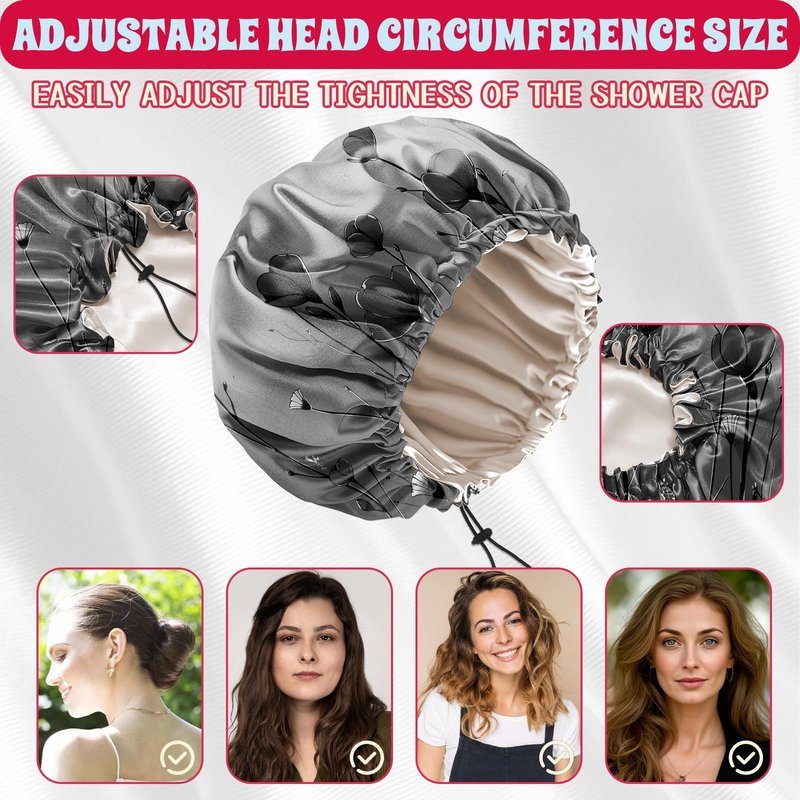 BHAHB Luxury Shower Cap Satin Lined Reusable Waterproof Double Layer Elastic Adjustable Hair Bath Cap Cute Aesthetic Women Girls-Black Flower