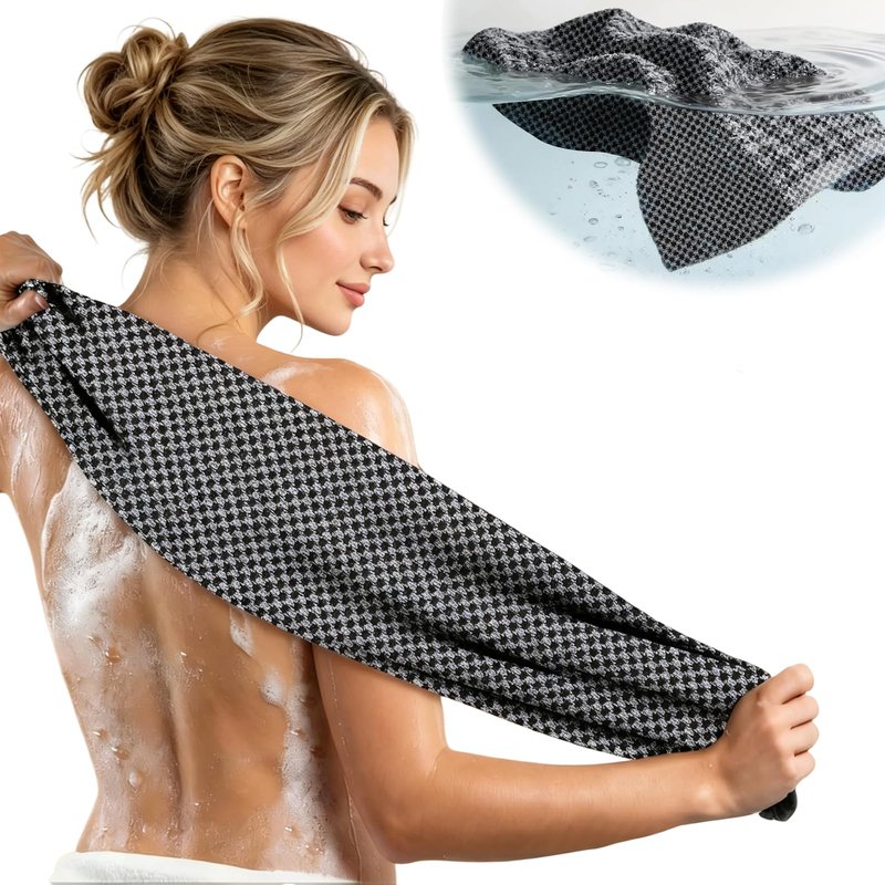 Exfoliating Shower Towel, 2-in-1 Towel, Premium Scrub Wash Cloth for Body Face, Exfoliating Towels-Body Scrubber with 2 Sides for All Skin Types (Black)