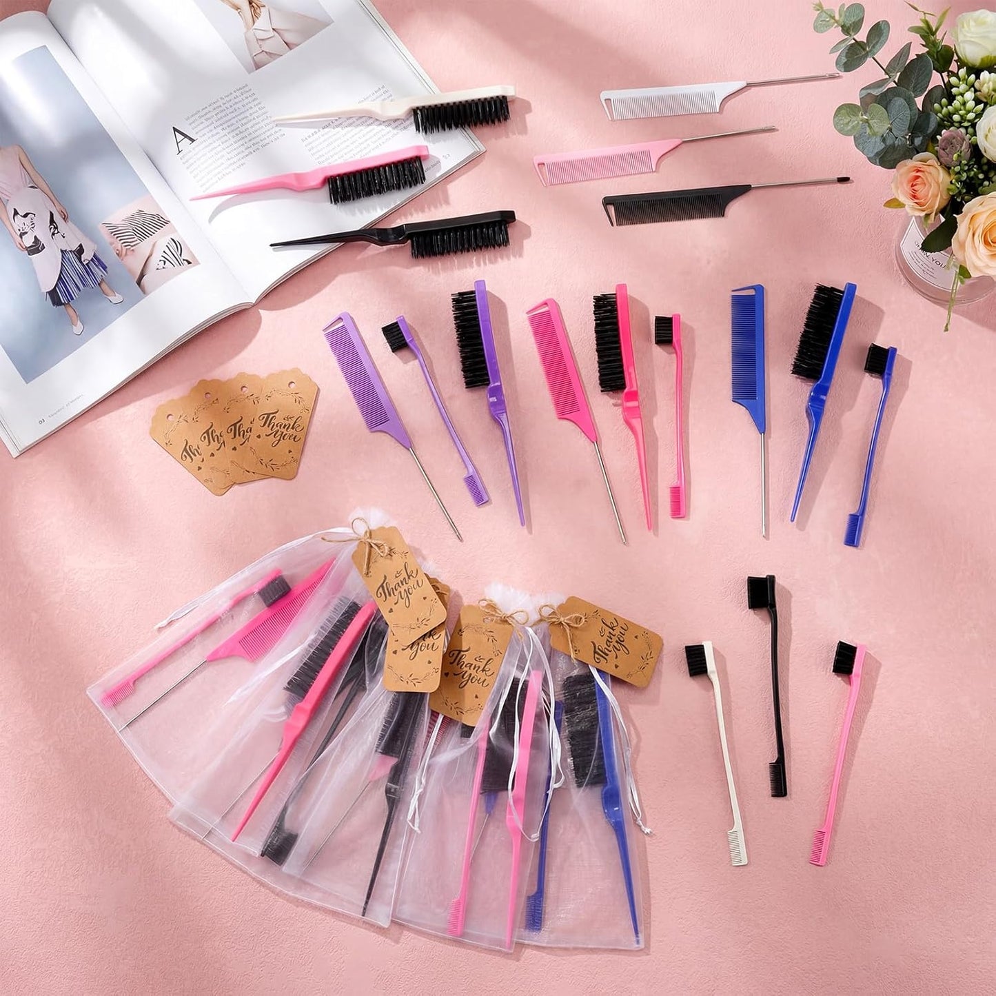 Slick Back Hair Brush Set - 12-Piece Teasing & Styling Comb Kit | Includes Gift Bag & Thank You Card