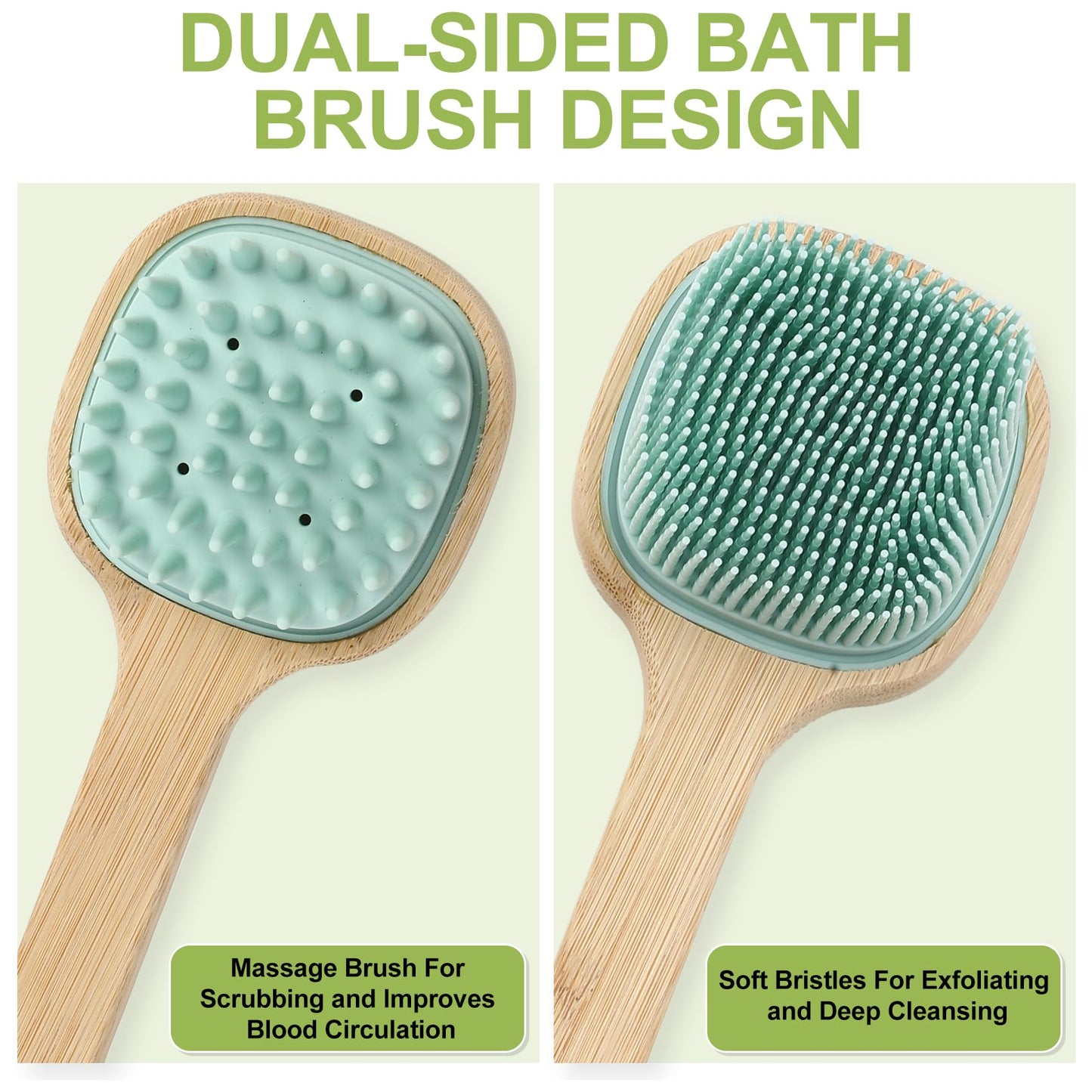 Silicone Back Scrubber for Shower, Silicone Bath Body Brush Loofah with Long Handle, Dual-Sided Shower Brush for Body, Lake Blue Exfoliating Body Scrubber for Men Women, Back Washer for Men with Hook