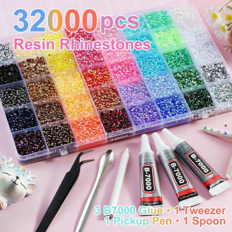 ELEEGEM Bedazzling Kit with Resin Rhinestones, 32,000 pcs 40 Colors 3 mm Flatback Jelly Gems Bedazzler Set & B7000 Glue, DIY Nails, Shoes, Mugs, Books, Crafts & Diamond Art