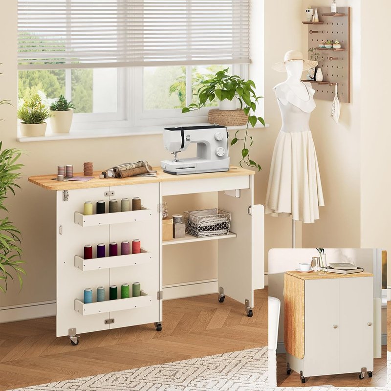 Folding Sewing Table with Power Outlet, Rolling Sewing Desk with Side Storage Rack, Compact Portable Sewing Cabinet for Sewing Machine, Craft Table Organizer for Home (White)