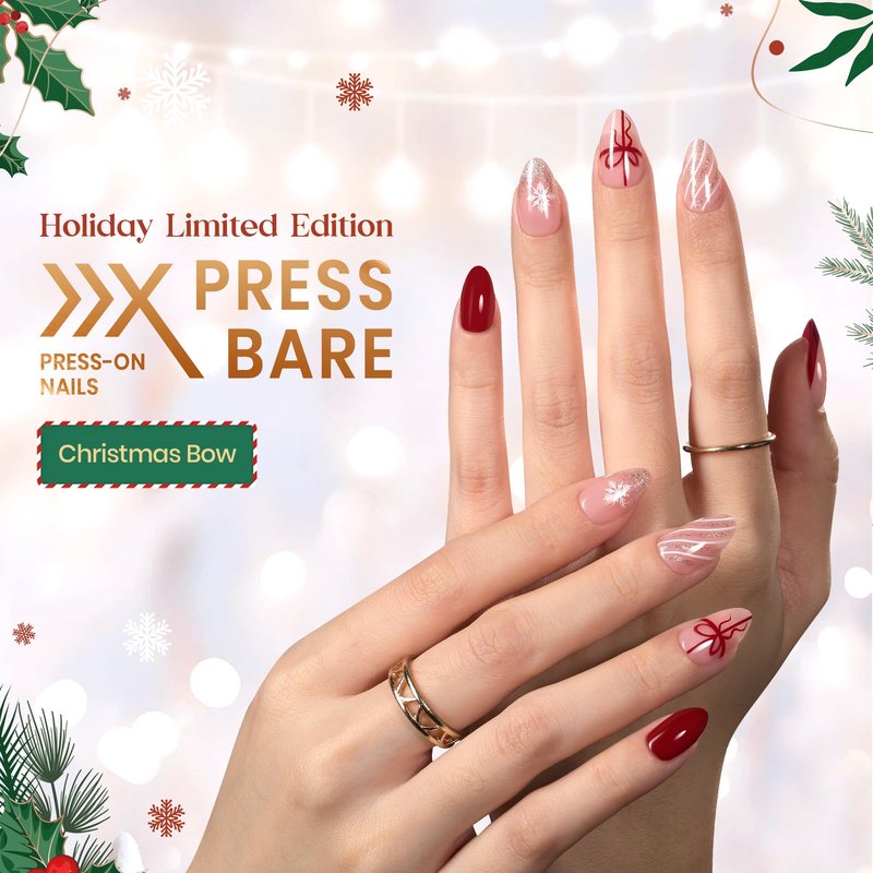 Beetles Christmas Press On Nails - Christmas Bow | Short Almond Press On Nails | 32Pcs 16 Sizes Natural Salon Quality Red French Nail Tips With Quick-drying Nail Glue For Women