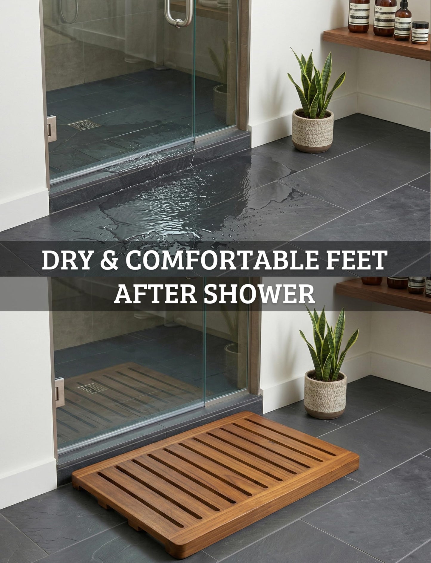 Acacia Wood Shower Mat 24x18 Inches by Demigo, Luxury Bath Mat Non Slip for Bathroom Bathtub Shower Spa Garden Home, Wooden Floor Mat Square Large for Outdoor and Indoor
