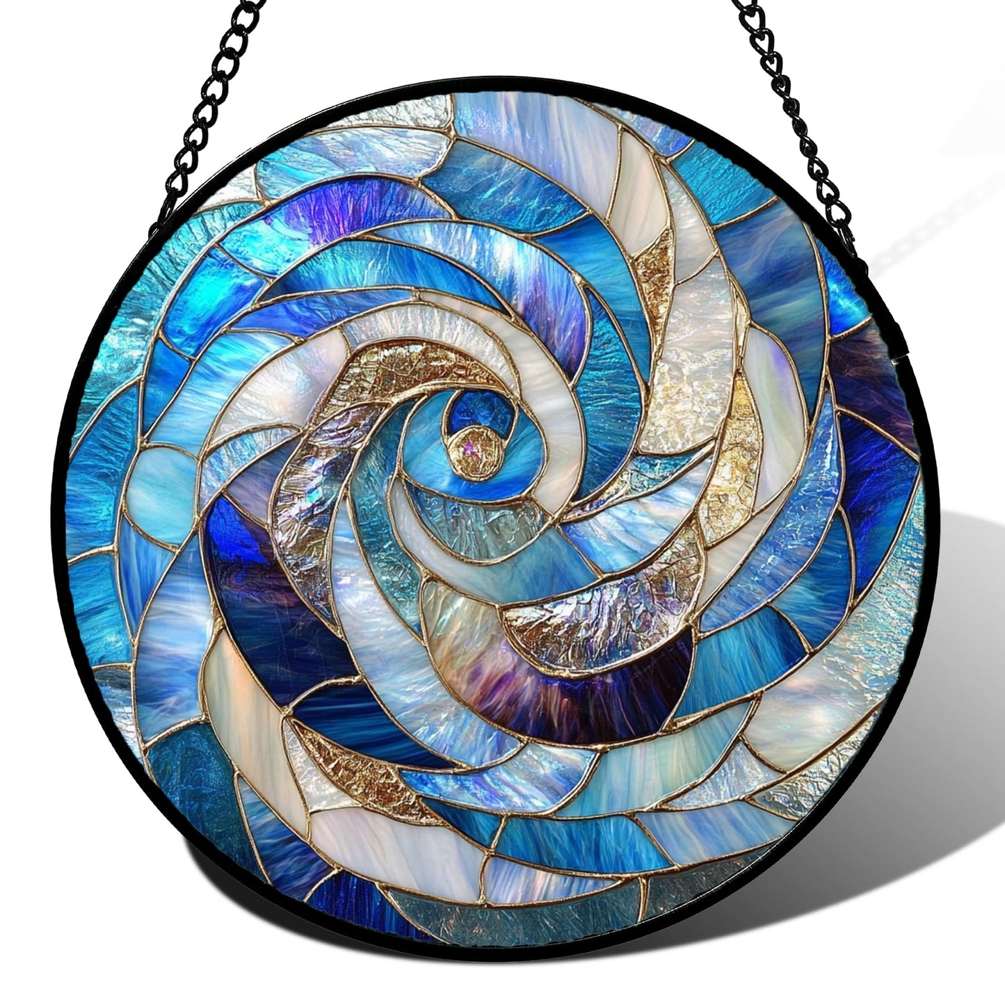 GEFOS Stained Glass Window Hanging Abstract Blue Golden Spiral Large 15" - Suncatcher Door Garden Sunroom Sun Catcher Home Decor Housewarming Birthday for Mom Grandma Men Woman