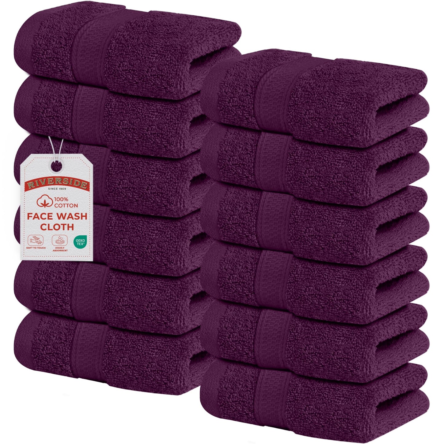 RIVERSIDE 12-Pack Premium 100% Cotton Purple Passion Face Towels for Bathroom [12x12] - Reusable Luxury Face Wash Cloths for Showering - 550 GSM Super Soft & Absorbent Washcloths for Body, Spa & Gym