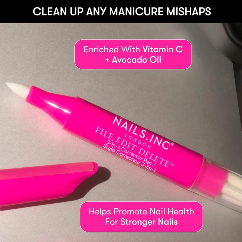 Nails Inc 3-in-1 Nail Corrector Pen - Precision Tip Cuticle Pusher & Polish Remover | Easy Cleanup, 0.13 FL