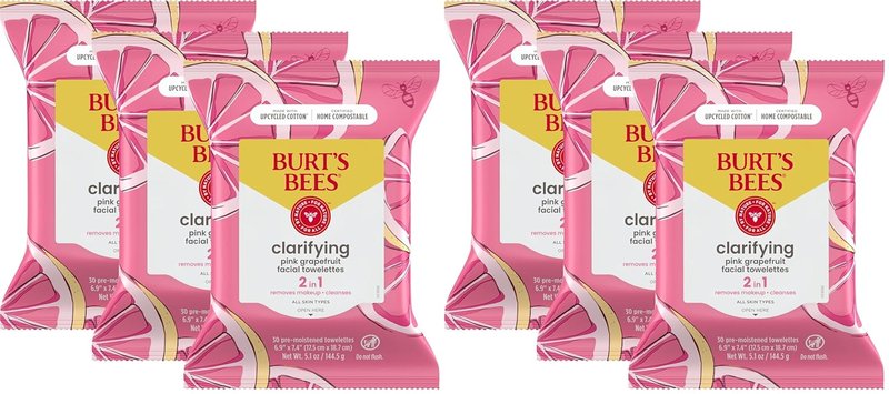Burt's Bees Pink Grapefruit Face Wipes, for All Skin Types, Hydrating Makeup Remover & Facial Cleansing Towelettes, 90 Ct. (Pack of 2)