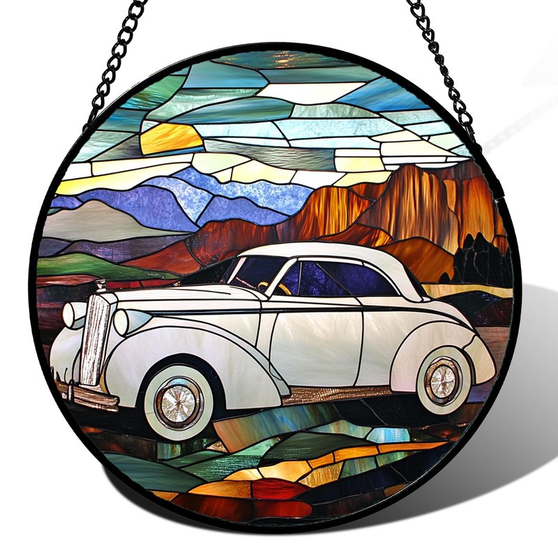QZQCBLC Stained Glass Window Hanging Retro Desert Car Landscape 6.3" - White Suncatcher Door Terrace Garden Home Decor Birthday Christmas for Mom Men Woman Friend Nana Wife