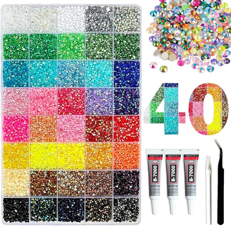 48000Pcs Resin Jelly Rhinestones for Bedazzling,40 Colors 3mm Flatback Gems Bedazzling Kit with 3Pcs 10ml B7000 Glue for Clothing Nail Art Shoes Crafting Makeup (40 Colors+3 Pcs Glue)