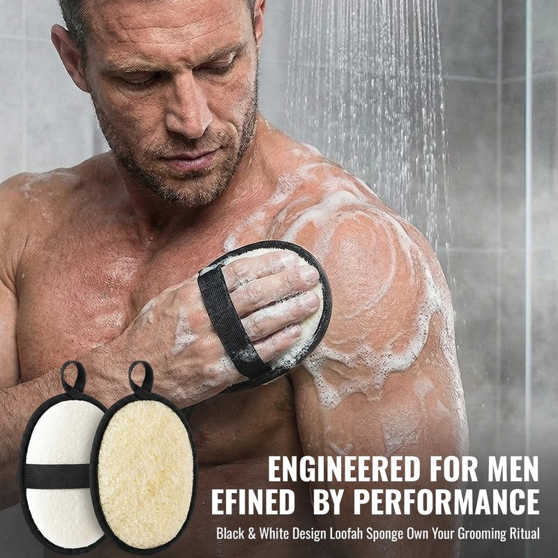 RIYNIBIY Natural Loofah for Men, 2PCS Black & White Set Egyptian Luffa Body Scrubber for Shower & Bath, Quick-Drying Exfoliating Sponge Pad for Men's Hygiene & Body Care - Travel Essentials & Gym Tool
