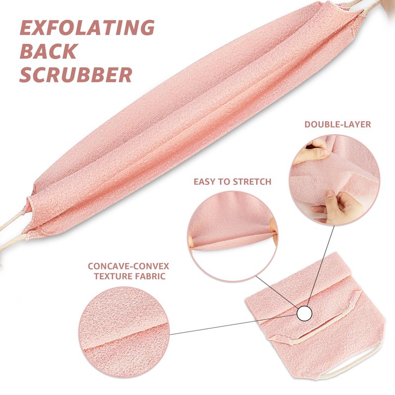 Culture Gifts Extended Exfoliating Back Scrubber with Handles, Nylon Cleaning Exfoliator Washcloth for Body, Stretchable Pull Strap Soft Quick-Drying Rough Scrub Towel, Pink