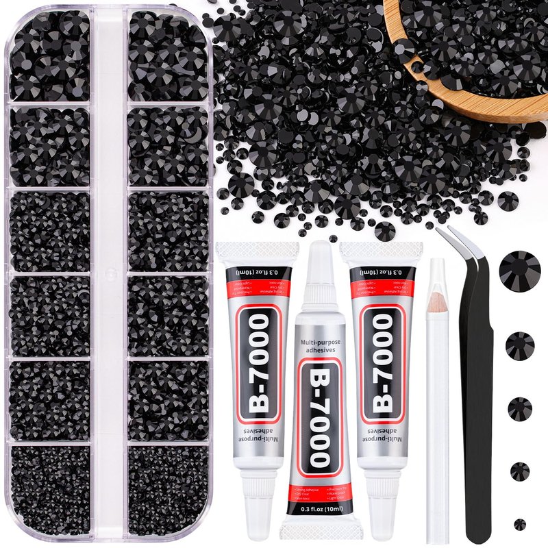 Resin Jelly Rhinestones for Crafting with B7000 Jewelry Glue, 1 Box Black Flatback Crystal with 3Pcs 10ml Glue, Bedazzling Non Hotfix Gems for DIY Tumblers Clothing Shoes Manicure