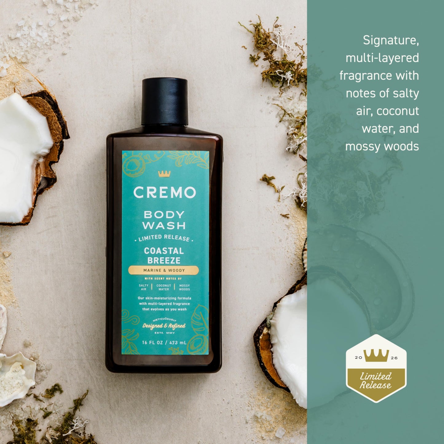 Cremo Rich-Lathering Coastal Breeze Body Wash Men, Notes of Salty Air, Coconut Water, and Mossy Woods, 16 Fl Oz