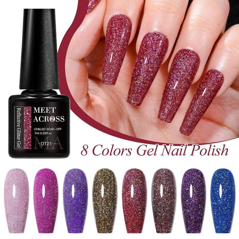 Reflective Glitter Gel Nail Polish Set - 8 Colors for DIY Manicure | UV/LED Soak Off, Pink, Purple, Blue