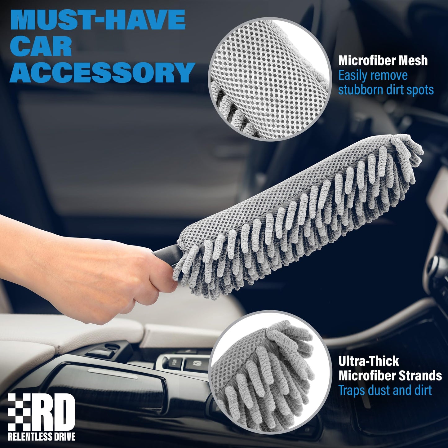 Relentless Drive Car Duster Interior 14" – Ultimate Dash Duster for Women & Men, Chenille Car Accessories Interior, Lint & Scratch-Free