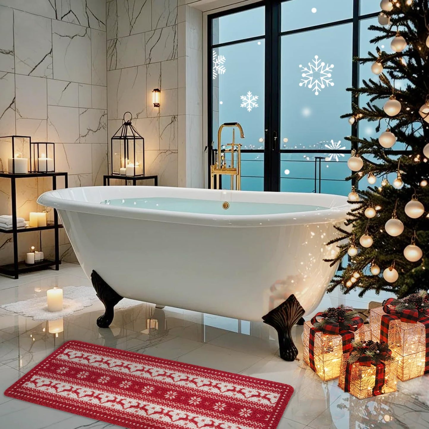 Hargiis Christmas Non-Slip Bathtub Mat, Anti Slip Shower Mat, Fast Drying Bathtub Mats, Foot Scrubber Mat, Anti Slip Mat for Tub, Floor, Bathroom, Kitchen, Home, Hotel (Reindeer Snowflake, 40"x16")