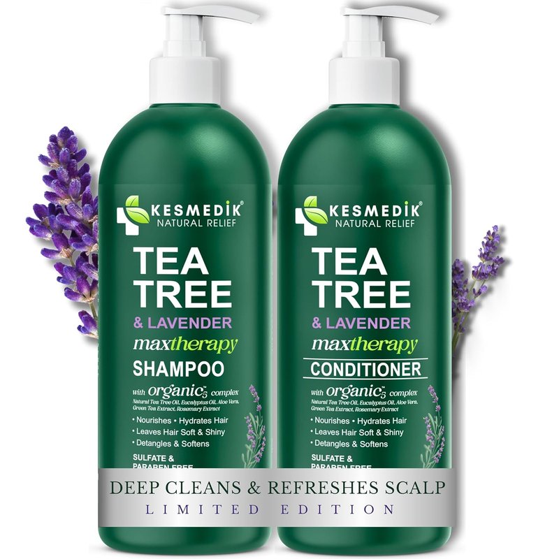 KESMEDIK Tea Tree Lavender Shampoo & Conditioner Set - Soothes Dry Scalp, Sulfate & Paraben-Free | 16 fl oz Each