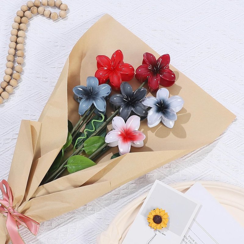 CHANDAT Flower Hair Clips - 6 PCS Hawaiian Claw Clips for Thick & Thin Hair | Dark Color Plumeria Accessories