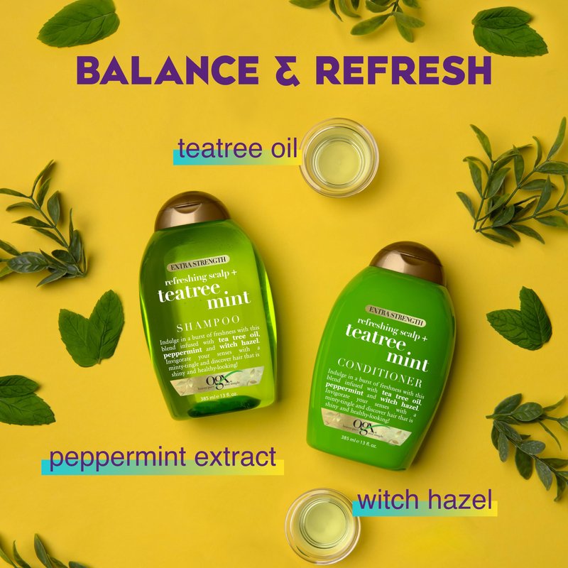 OGX Extra Strength Refreshing Scalp + Teatree Mint Shampoo, Invigorating Scalp Shampoo with Tea Tree & Peppermint Oil & Witch Hazel, Paraben-Free, Sulfate-Free Surfactants, 13 Fl Oz
