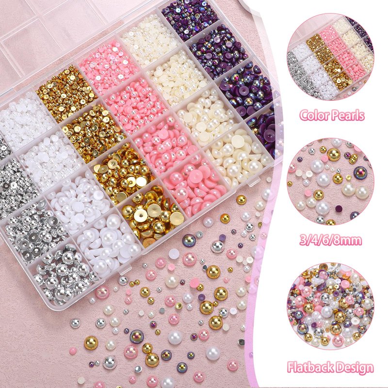 9000Pcs Flatback Pearls for Crafting, Silver Gold White Nail Half Pearls and Gems, 3-8mm Color Pink Beige Purple Half Round ABS Flatback Pearl Gems Bedazzling for Nails DIY Shoes Clothes Bags