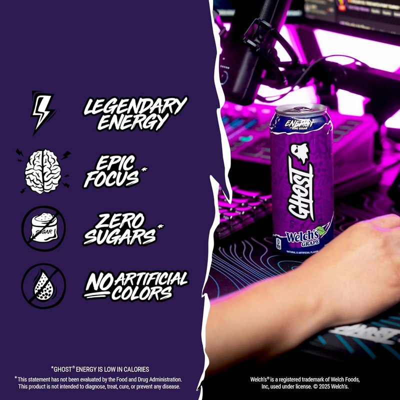 GHOST Energy Drink - Welch's Grape 12-Pack | 16oz Cans with Natural Caffeine & L-Carnitine