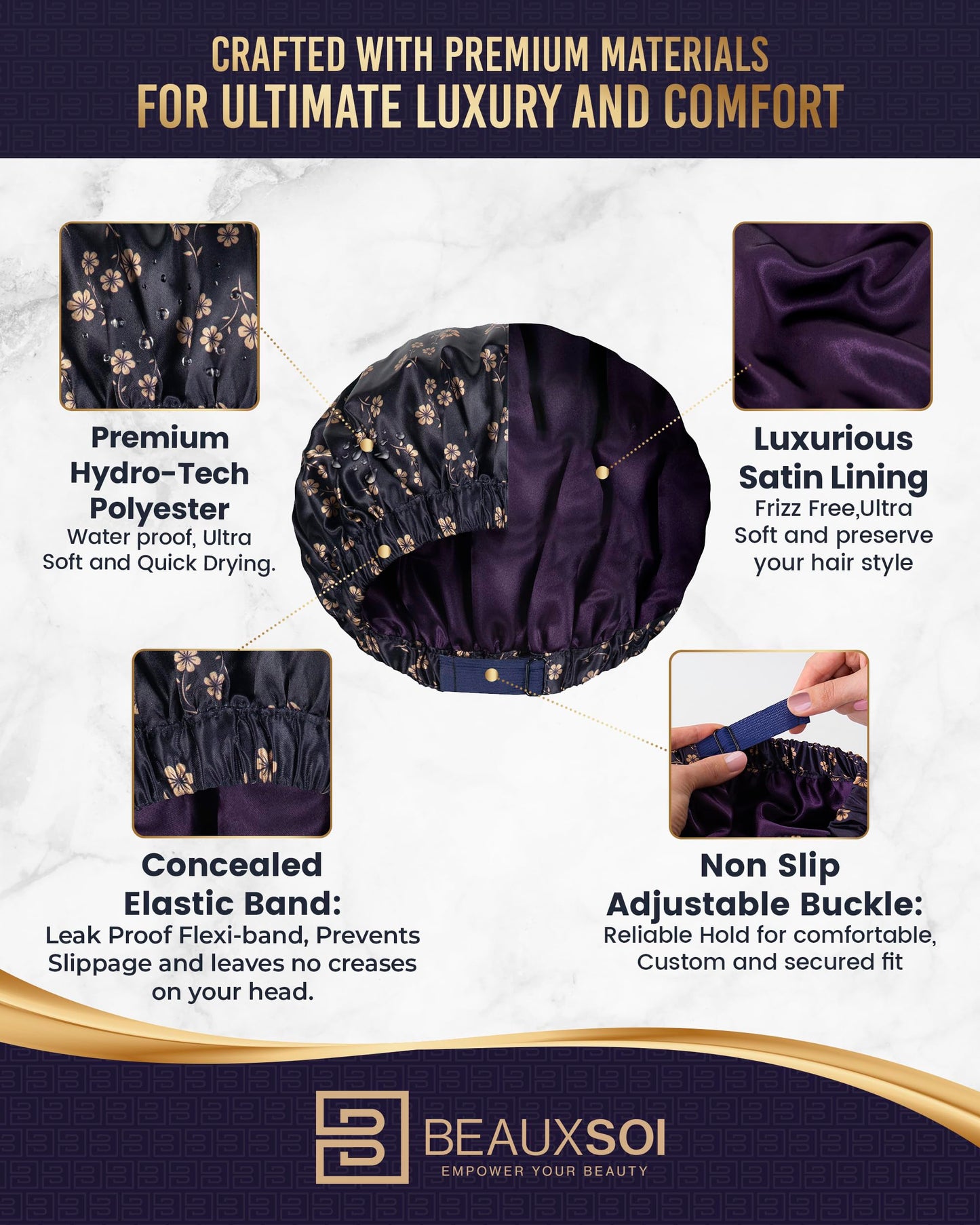 Luxury Reusable Shower Cap for Women - Satin Lined, Adjustable & Waterproof - Keeps Hair Dry- Durable Hair Bonnet by BEAUXSOI (Fleur de Nuit) - Floral design