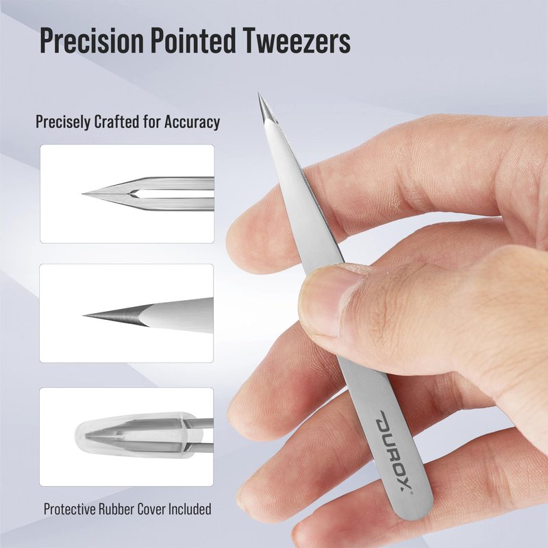 DUROX 4-Pc Precision Tweezer Set - 1. Round Tip Tweezers for Facial & Chin Hair 2. Pointed Tweezers for Ingrown Hair & Splinters 3. Professional Eyebrow Tweezers 4. Classic Slant. Stainless Steel.