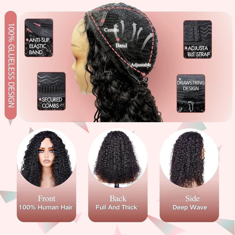 Deep Wave Half Wig - 24 Inch Human Hair Curly Wig | 200% Density, Glueless Design for Black Women