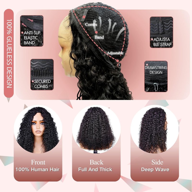 Pinketer Deep Wave Half Wig Human Hair 26inch Wear and Go Glueless Curly Wig 200% Density 3 In 1 Seamless Flip Over Drawstring No Headband Wig for Black Women Beginner Friendly Natural Color