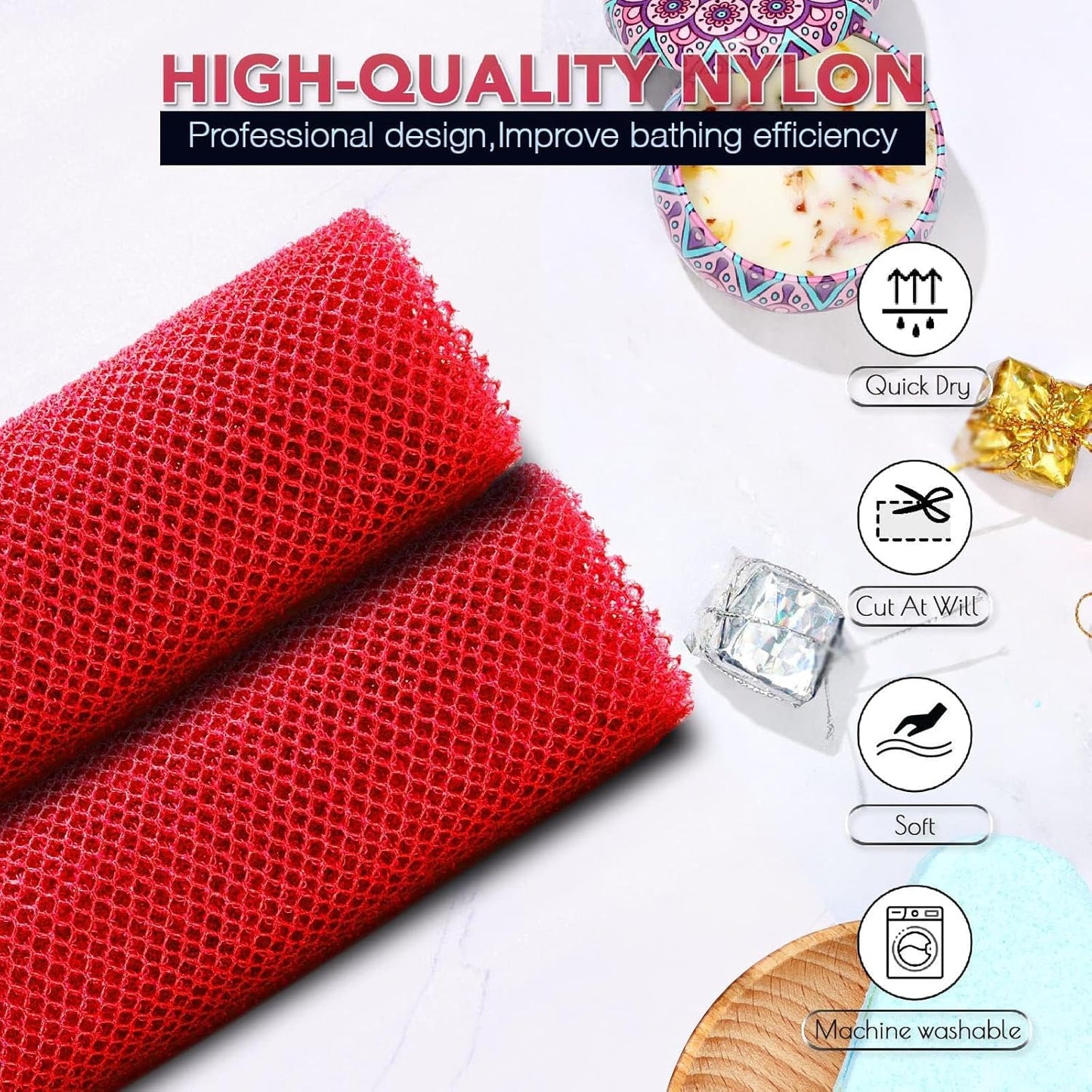 UJFQBH African Bath Sponge Set - Exfoliating Net Body Scrubber for Smooth Skin | Red