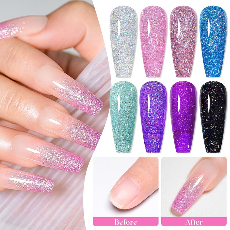 MEET ACROSS Glitter Gel Nail Polish Set for Nails 8 Colors Including Sparkly Shiny UV LED Soak Off Black Purple Pink Blue Gel Polish Kit Home DIY Manicure Nail Salon Varnish