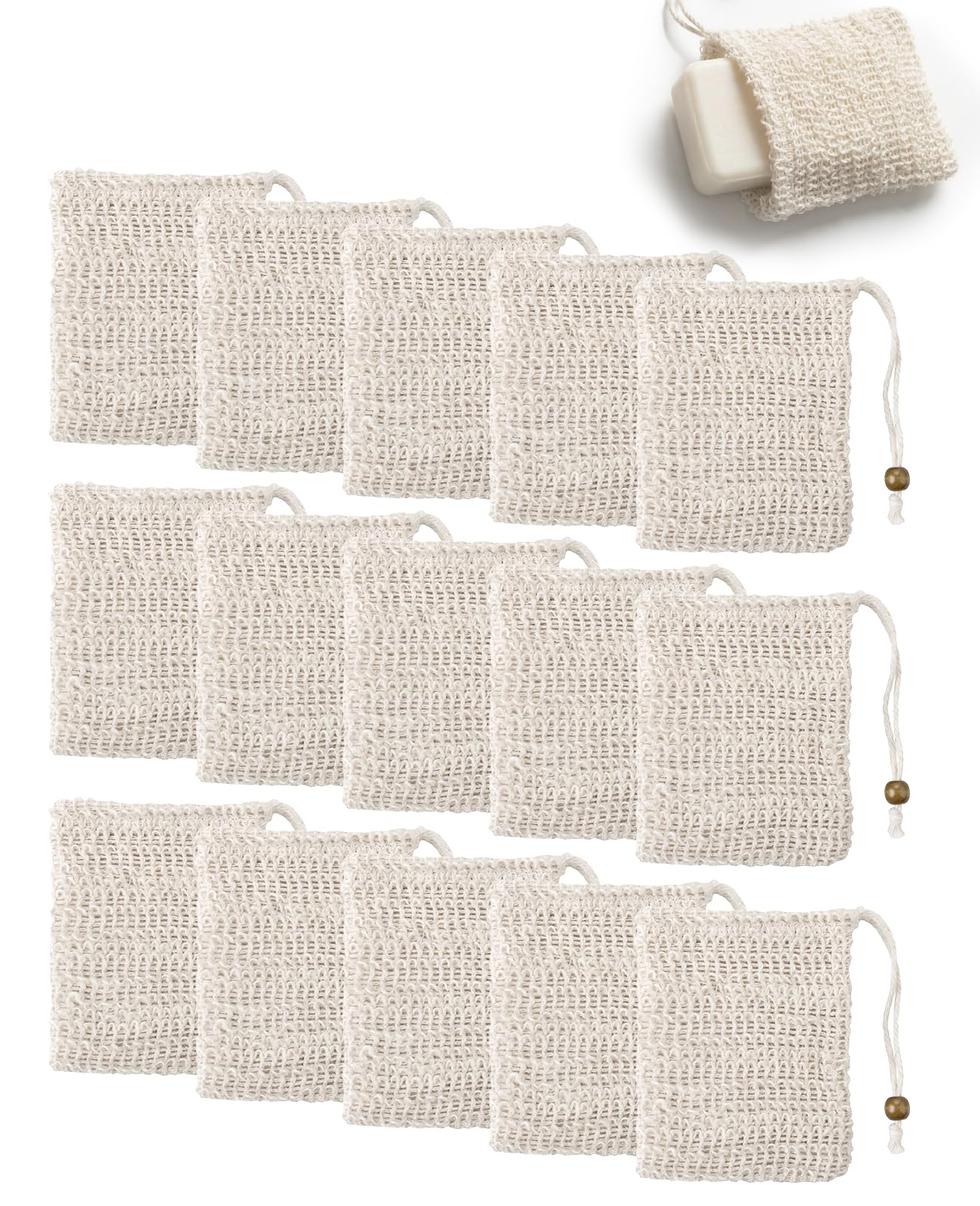 Geyynow 15 Pcs Natural Sisal Soap Saver Bag, Reusable Bar Soap Scrubber Exfoliating Pouch for Shower Washing Body