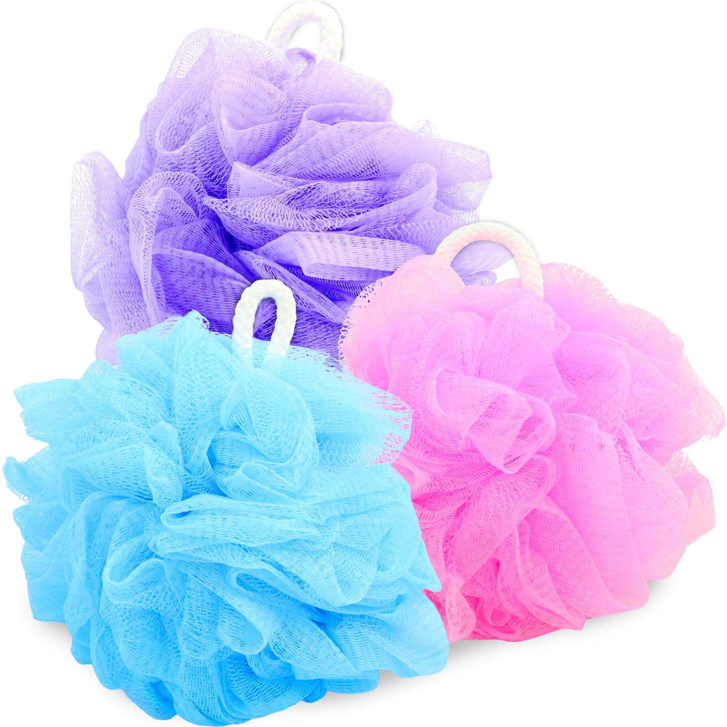 Premium Loofah Bath Sponge 3 Pack – Full-Size 60g (5.5 Inch) Colorful Mesh Shower Poufs, Soft & Gentle Body Scrubbers for Women, Men & Kids with Cotton Rope (Cotton Candy)