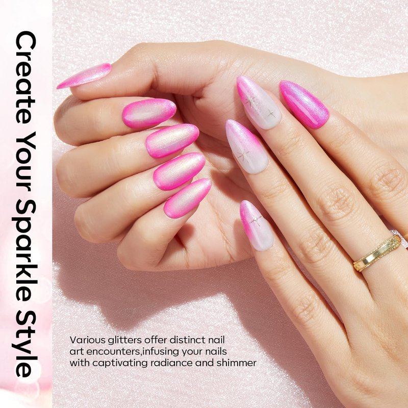 Modelones Pink Glitter Gel Nail Polish Set - 6 Sparkling Shades for Valentine's Day | Shimmer Cat Eye Finish