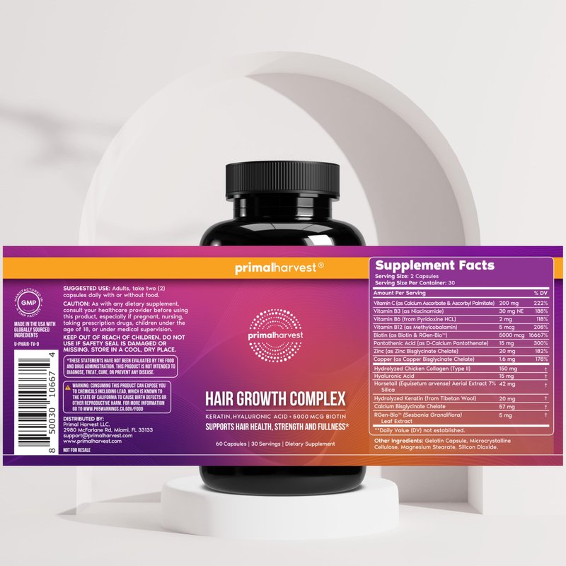 Primal Harvest Hair Growth Vitamins, Hair Growth for Women & Men - 60 Hair Growth Pills, Natural Hair Thickening Products for w/Biotin & Zinc - Hair Supplement, Regrowth Hair Vitamins