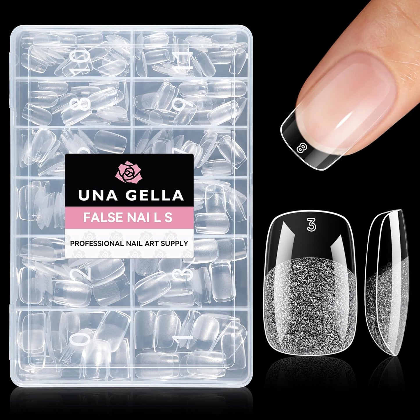 UNA GELLA Short Square & Squoval Nail Tips - 216 Pre-Etched Clear Acrylic Press-On Nails | 12 Sizes for DIY Salon Use