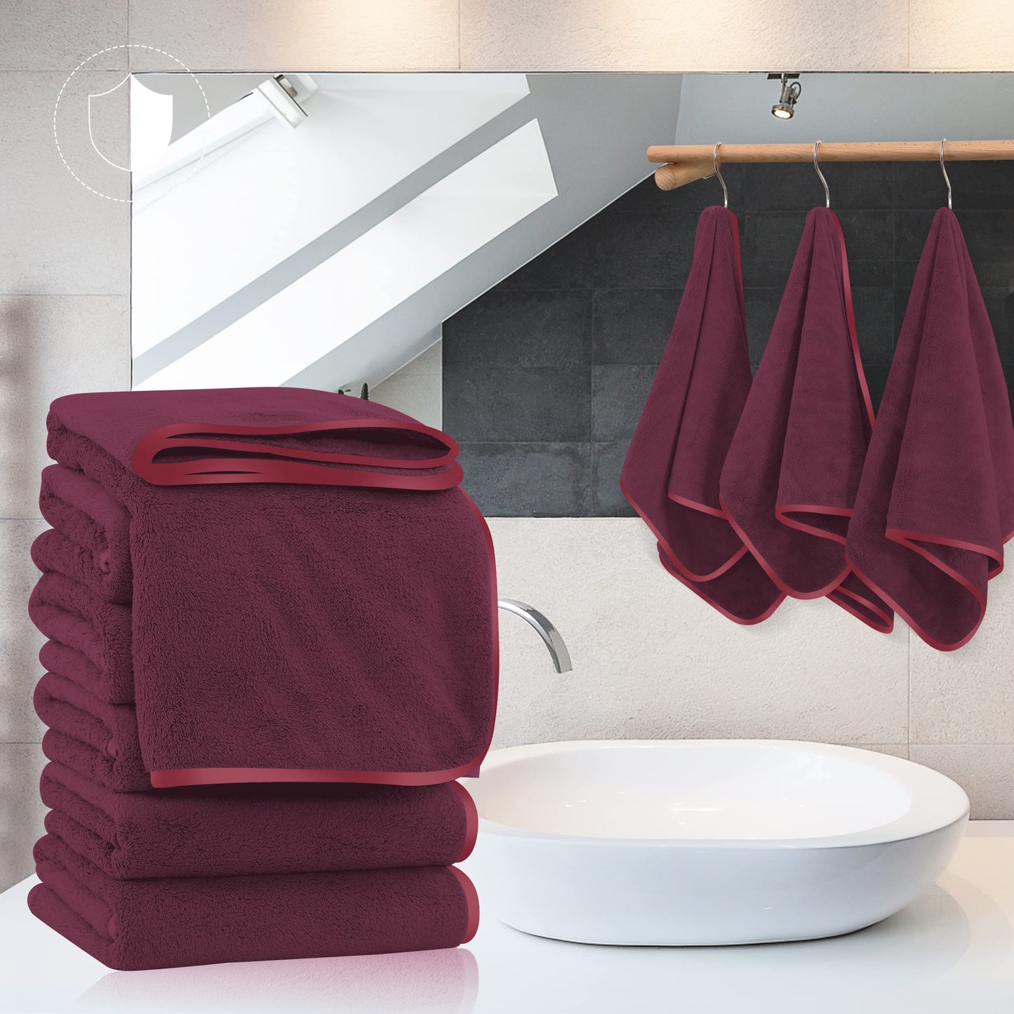 TENSTARS Silk Hemming Hand Towels for Bathroom - Quick Drying - Ultra Soft Microfiber Absorbent Towel for Bath Fitness, Gym, Shower, Hotel, and Spa - 16x28 Inch | Set of 6, Burgundy